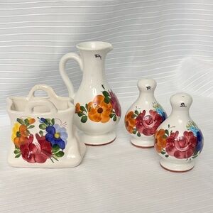 Vibrant Vintage Hand Painted Italian Floral Tableware Accessories 4pc